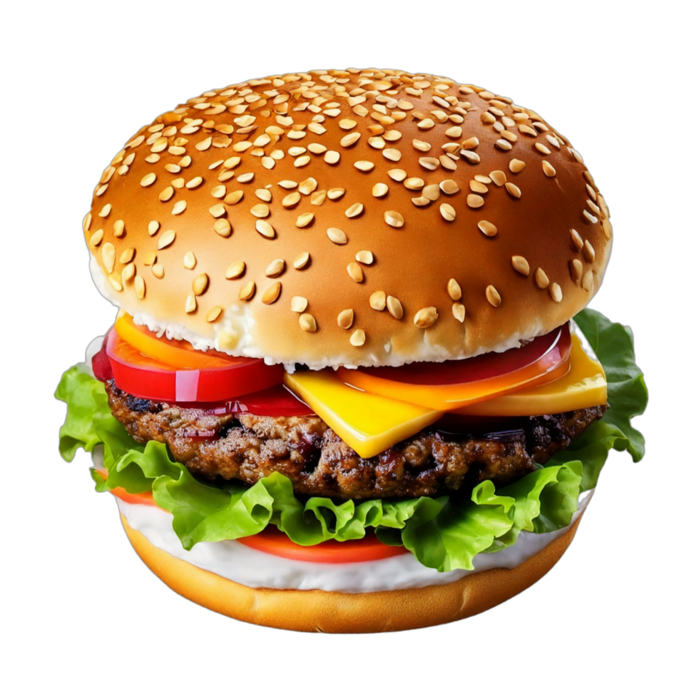 A tempting burger on a plate, isolated on a transparent background. Fresh, tasty, and appetizing with delicious layers AI Generative png