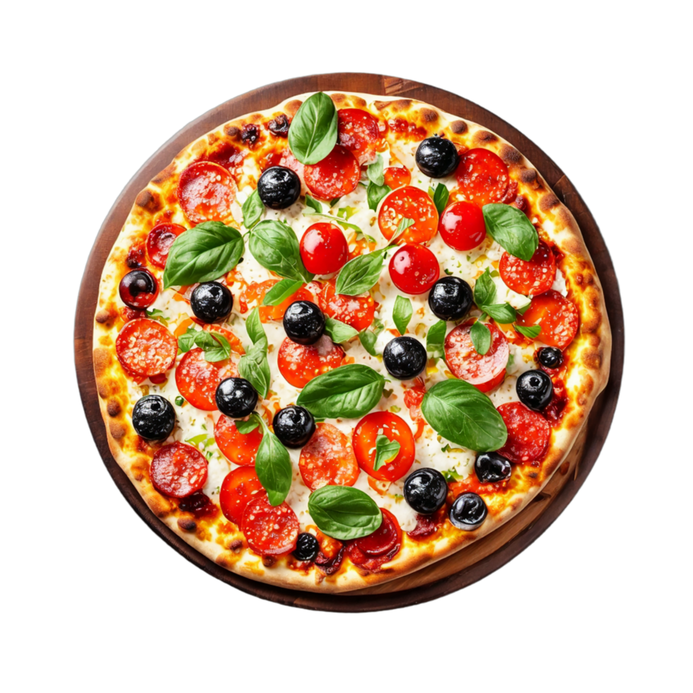 Pizza with cherry tomatoes and mozzarella on wood PNG AI Generative