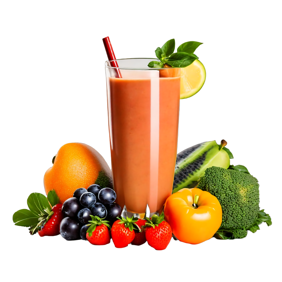 Set of Fresh, healthy fruit and vegetable smoothies in glass bottles with straws, isolated on transparent background AI Generative png