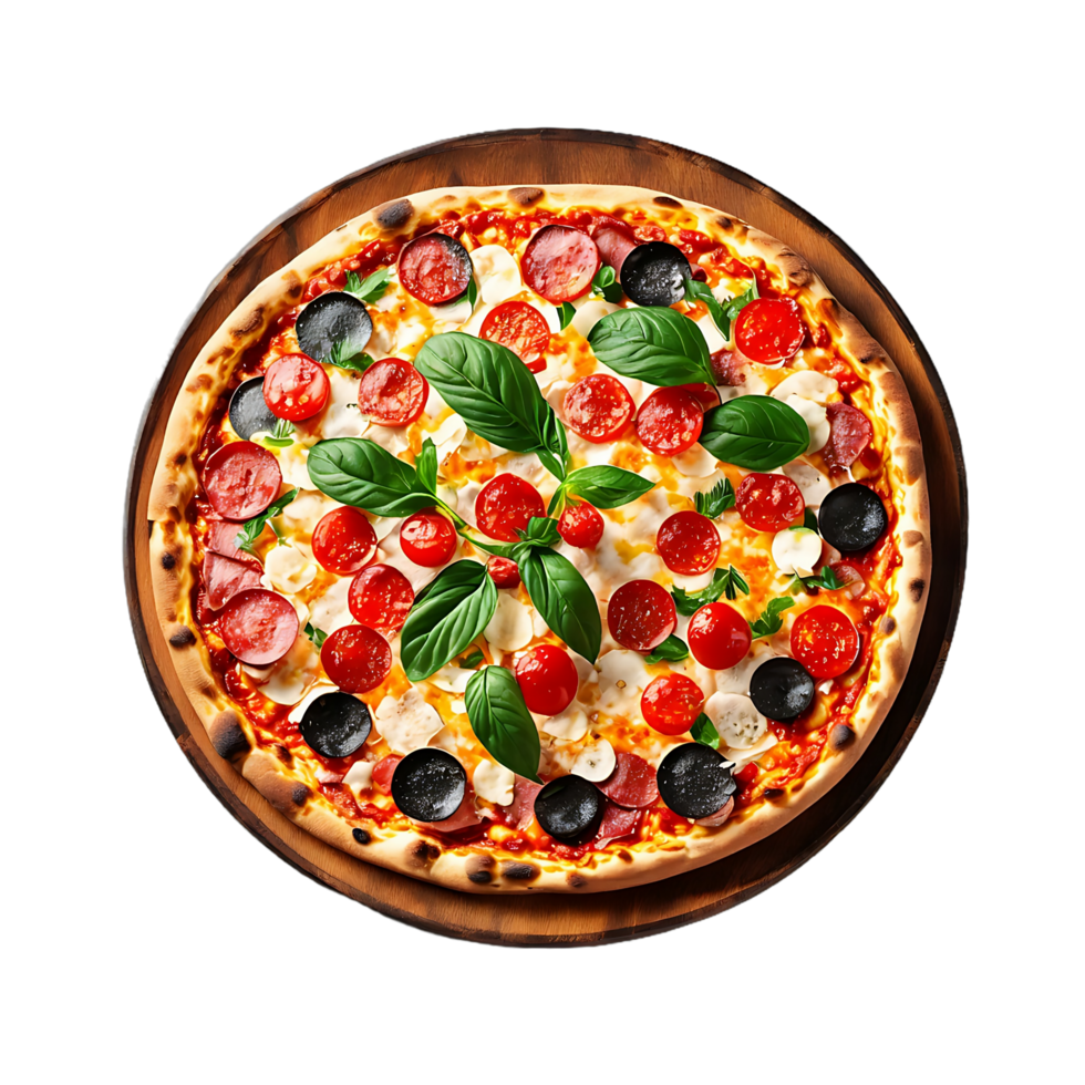 Pizza with cherry tomatoes and mozzarella on wood PNG AI Generative