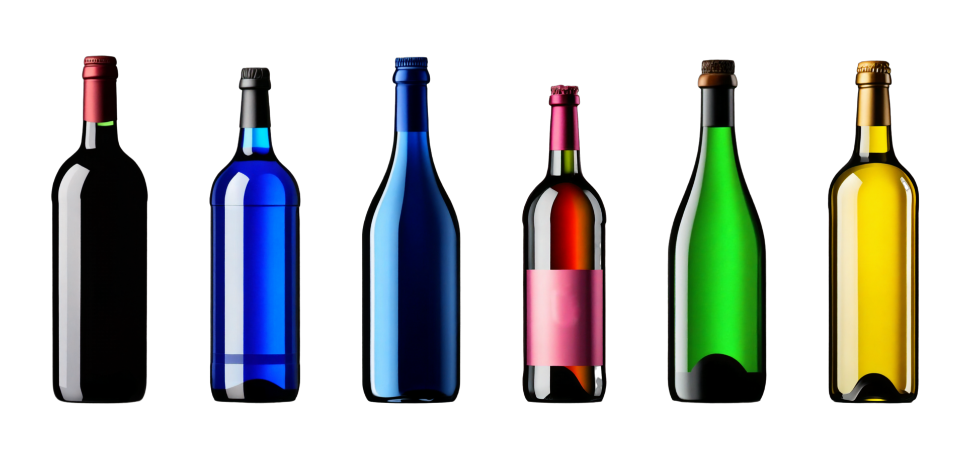 Bordolese wine set - red, green, blue, pink, and yellow wine bottles isolated on a transparent background AI Generative png