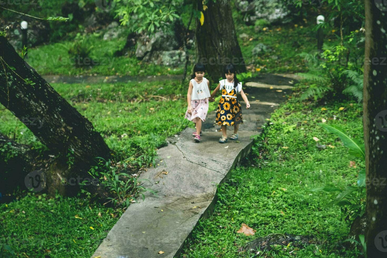 Two cute sisters walking on a stone path in a botanical garden with green plants and colorful flowers around. Children studying nature photo