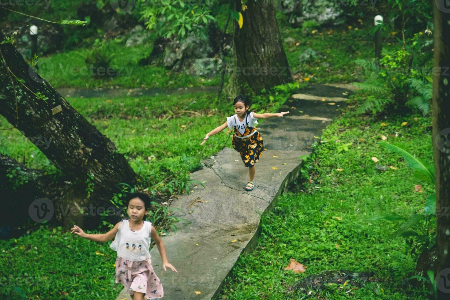 dos linda hermanas caminando en un Roca camino en un botánico jardín con verde plantas y vistoso flores alrededor. niños estudiando naturaleza foto