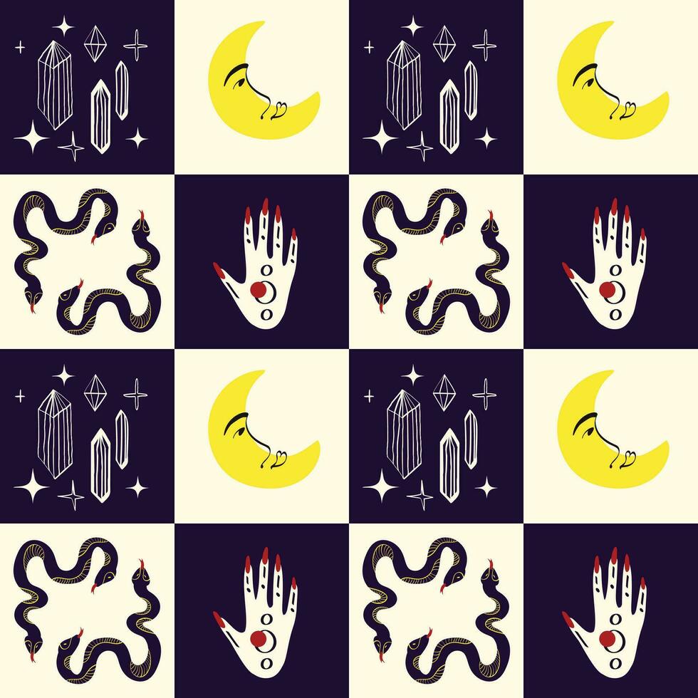 Spooky Mystical Pattern with Magical symbols snakes, moon, hands. vector