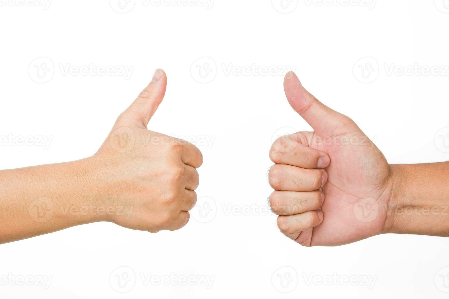 Male and female hands with thumbs up isolated on white background. The concept of help and support. photo
