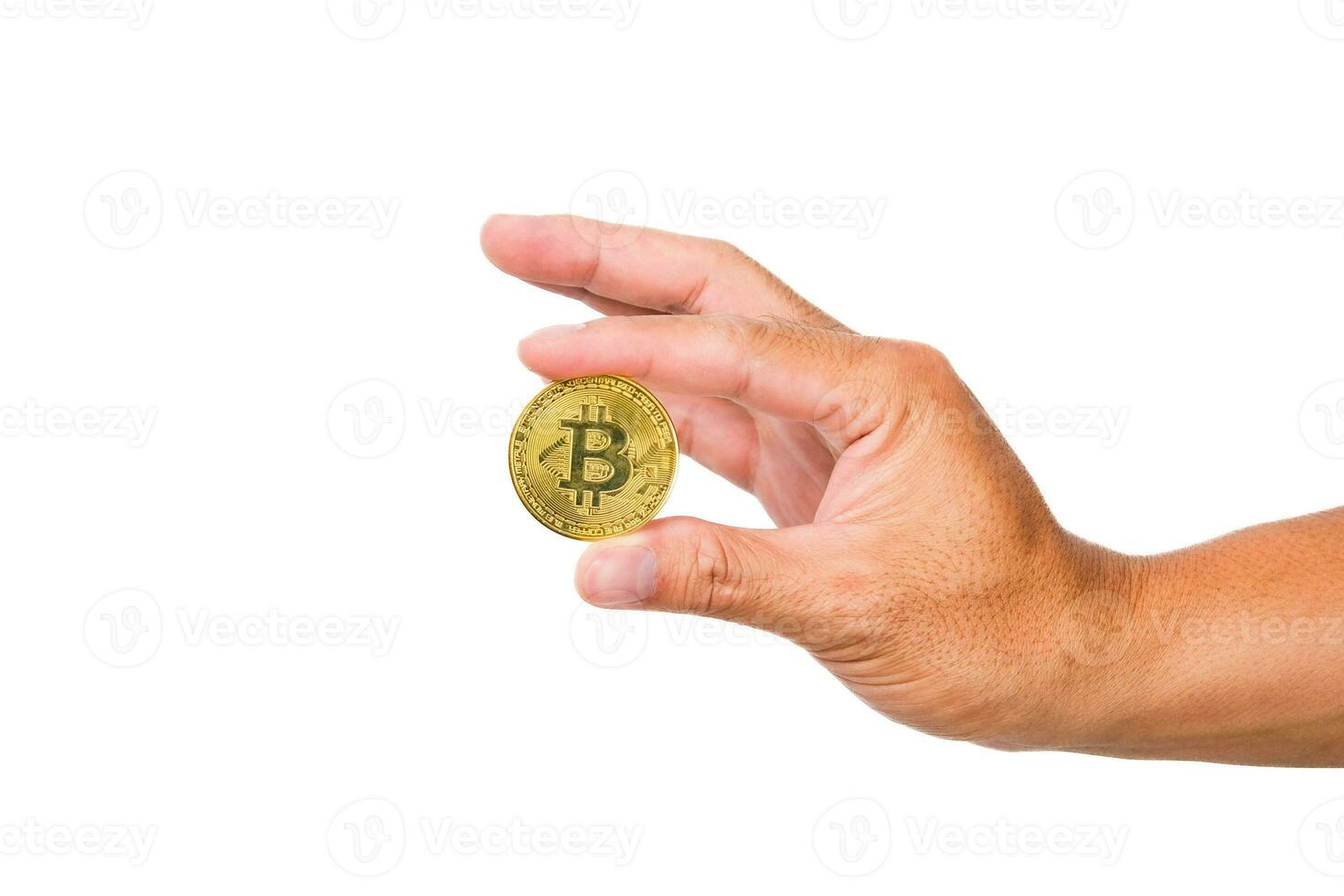 Hand with golden bitcoin coin on white background. Man's hand holding bitcoin crypto currency. Business finance and investment concept photo