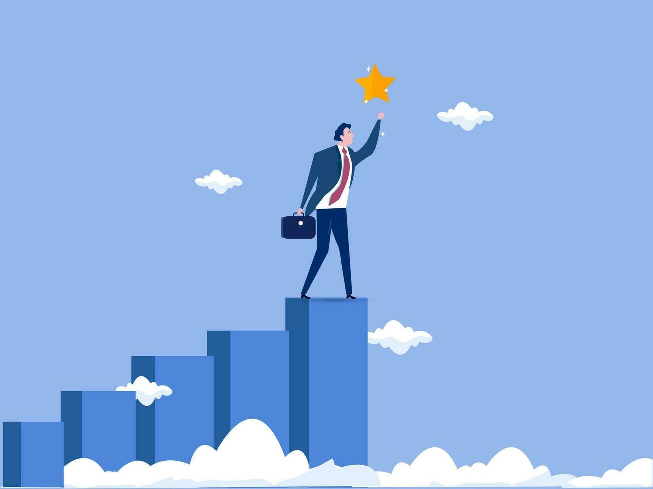 Hope to success in business, accomplishment or reaching business goal, reward and motivation concept, smart confident businessman climb up stair to the top to reaching to grab precious star reward. vector