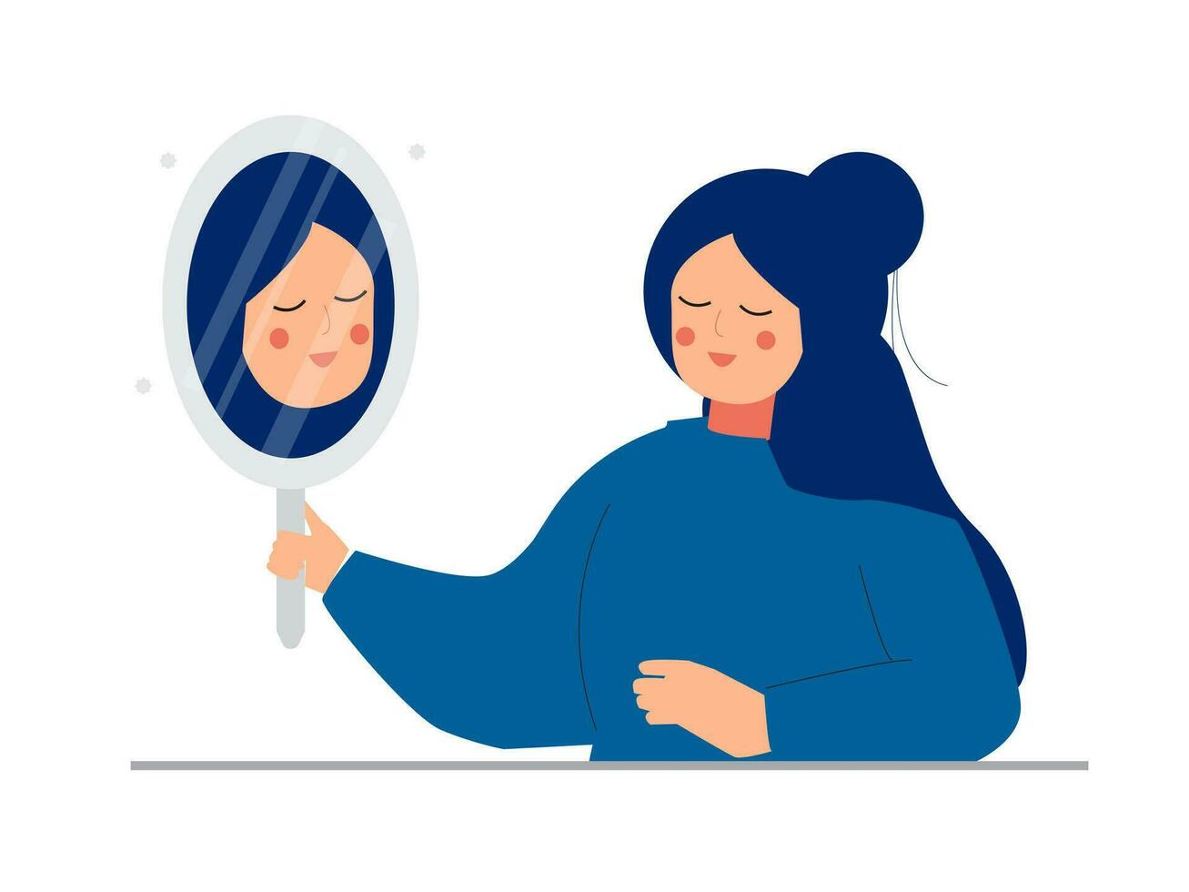 A young woman looks at her reflection in the mirror with sadness. Body Dysmorphic Disorder concept. Vector illustration.