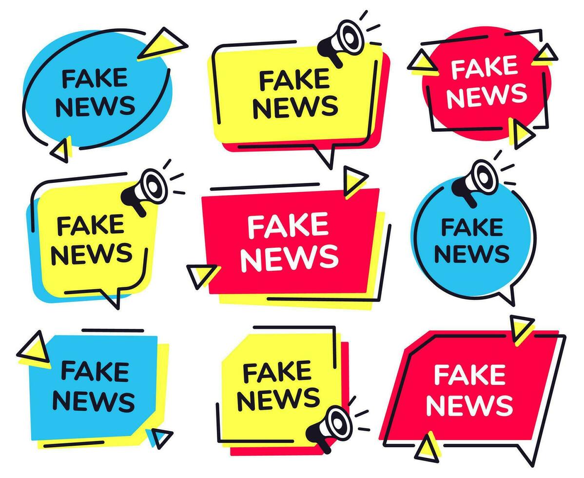 Fake news label. News badge with loudspeaker icon, fake media megaphone labels vector set