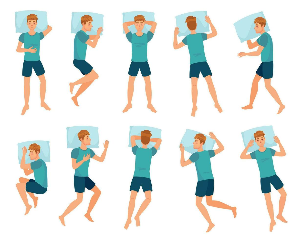 Man sleeps in different poses. Male character sleep, mans sleeping in bed top view vector illustration set
