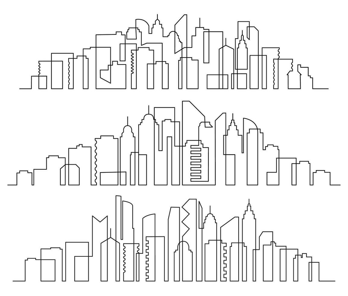 Line art cityscape. Town buildings horizontal panorama, city skyscrapers and modern urban silhouette vector set