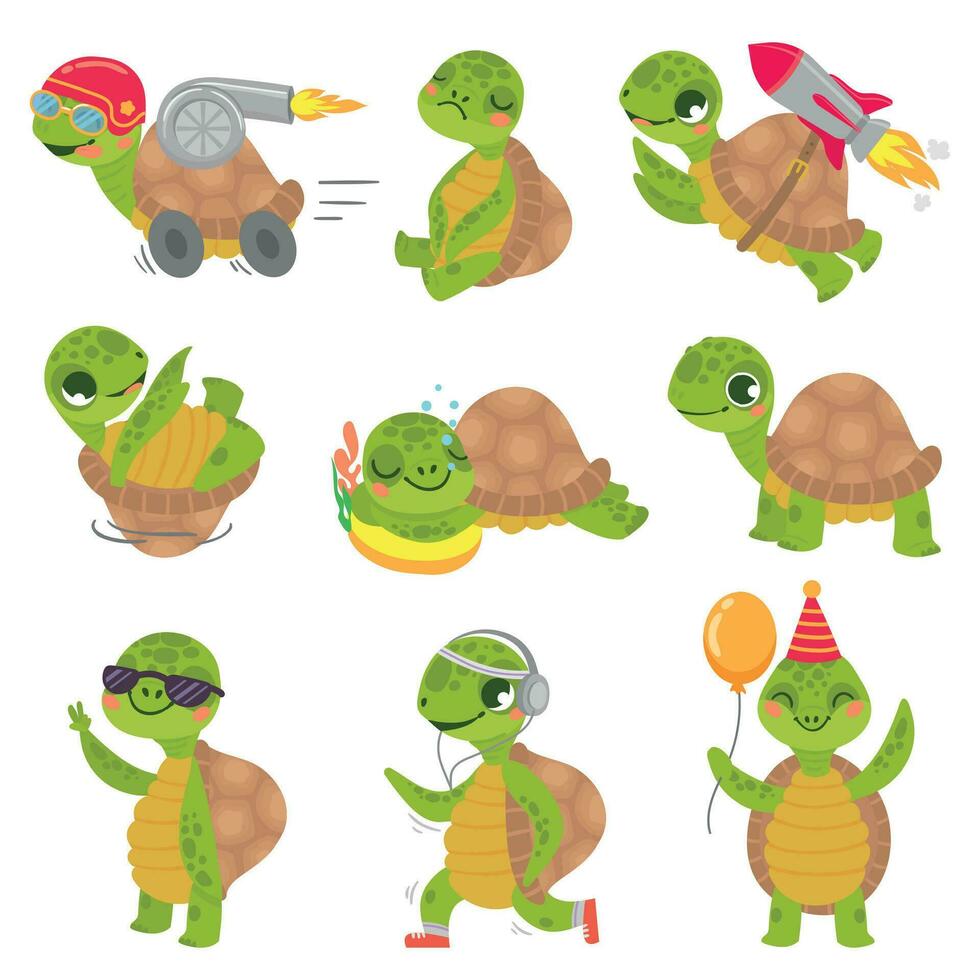 Turtle child. Cute little green turtles mascot, fast rocket tortoise and sleeping turtle vector illustration set