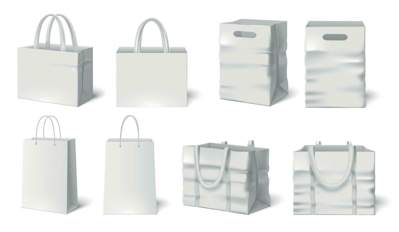 White shopping bag mockup. Paper bags, fabric bag 3d realistic packaging template vector set