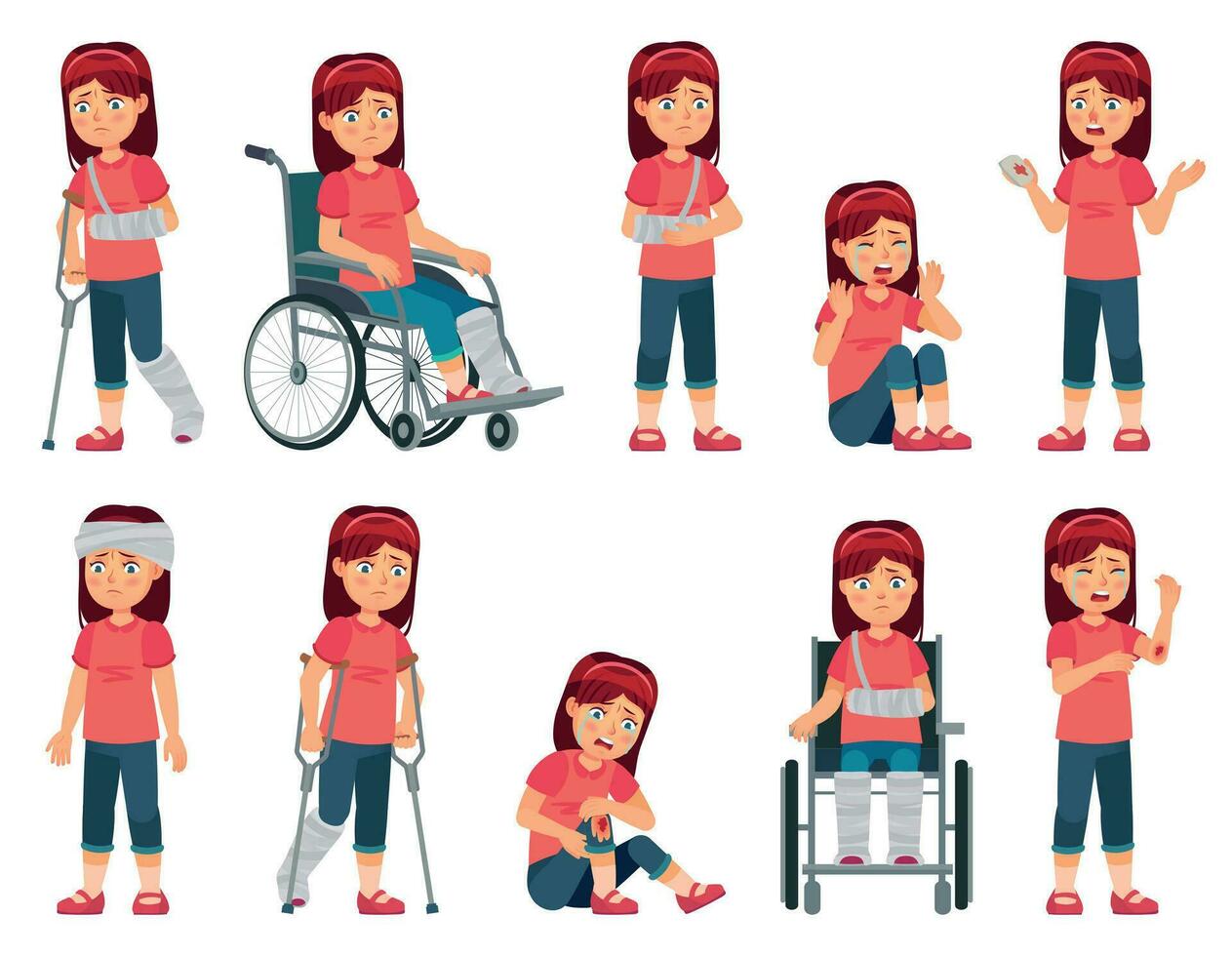 Girl with injury. Child with bruised hand, nose blood and broken leg or hand in plaster. Children in wheelchair vector cartoon illustration set