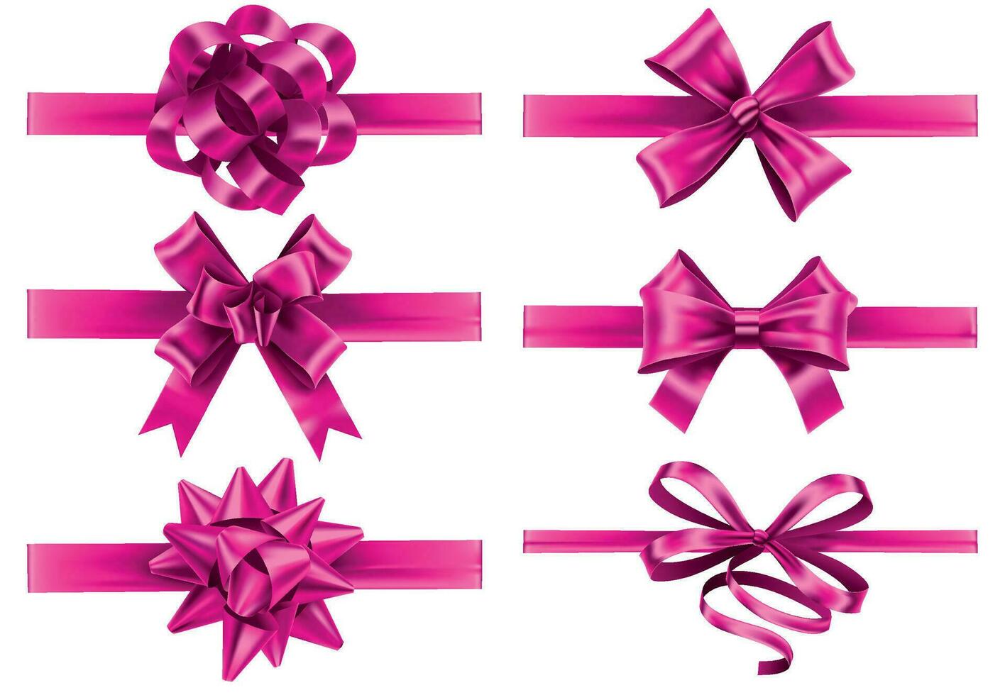 Realistic pink ribbons with bows. Festive wrapping bow, pinks silk ribbon and valentines day gifts decoration vector set