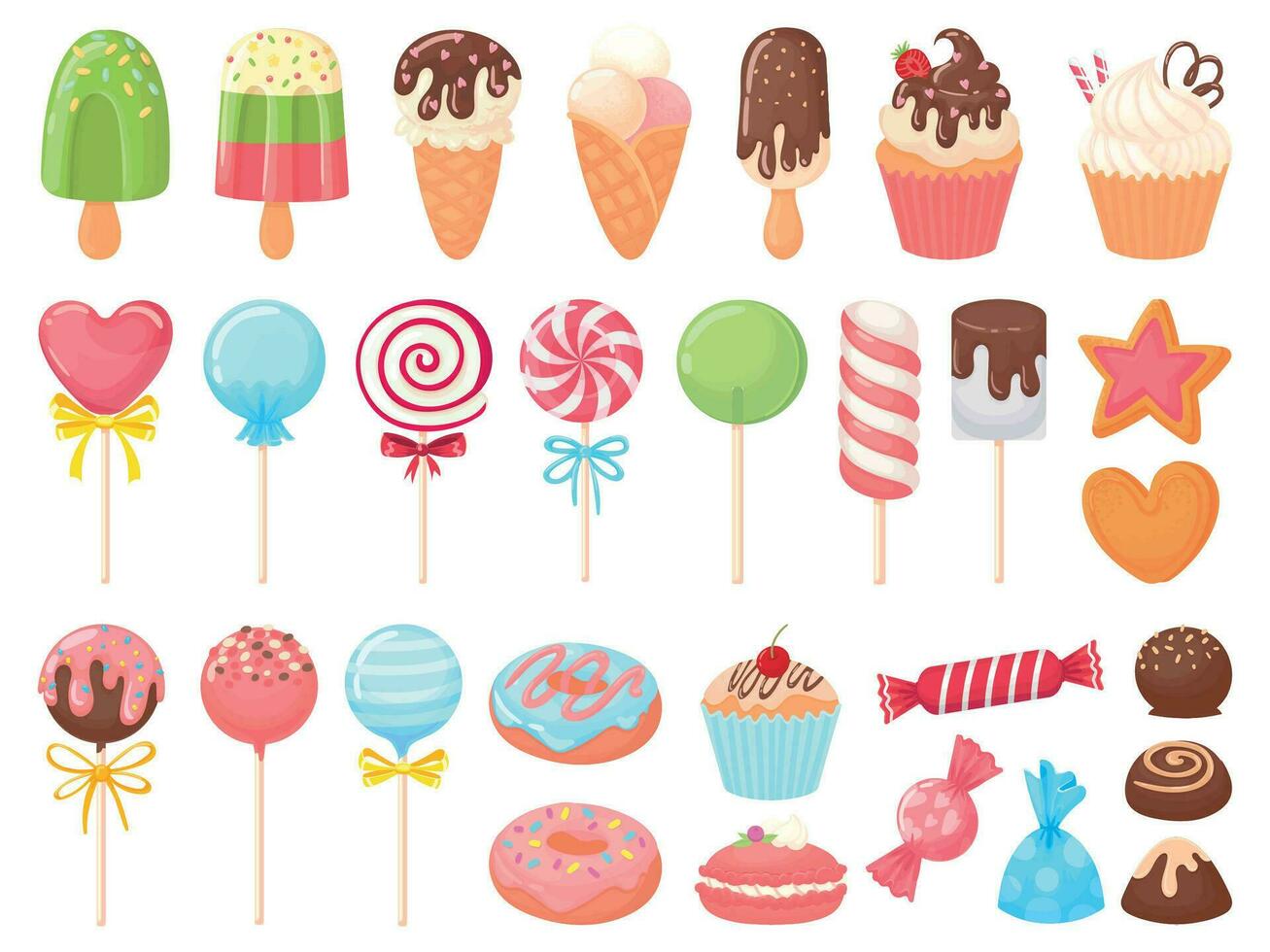 Cartoon sweets. Sweet ice cream, cupcakes and chocolate candies. Delicious donut, cookies and candy on stick vector illustration set