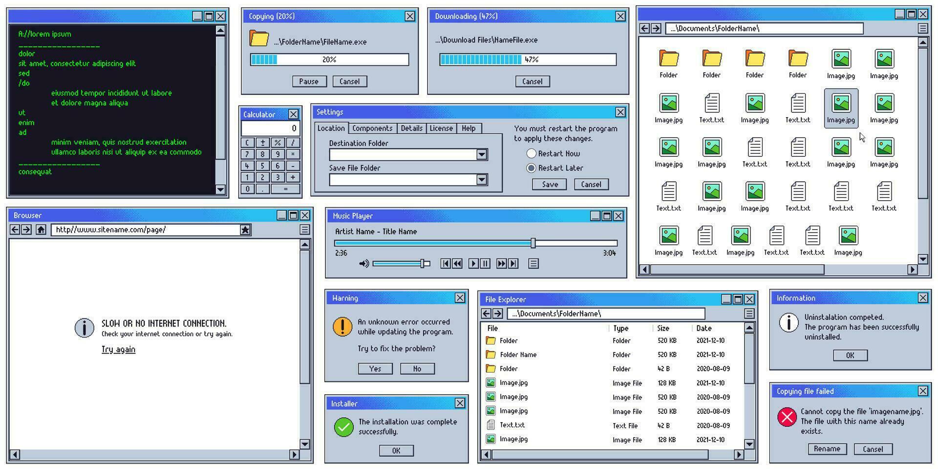 Retro user interface. Retro UI copying, downloading box and warning message window. Old internet browser, terminal and music player vector set