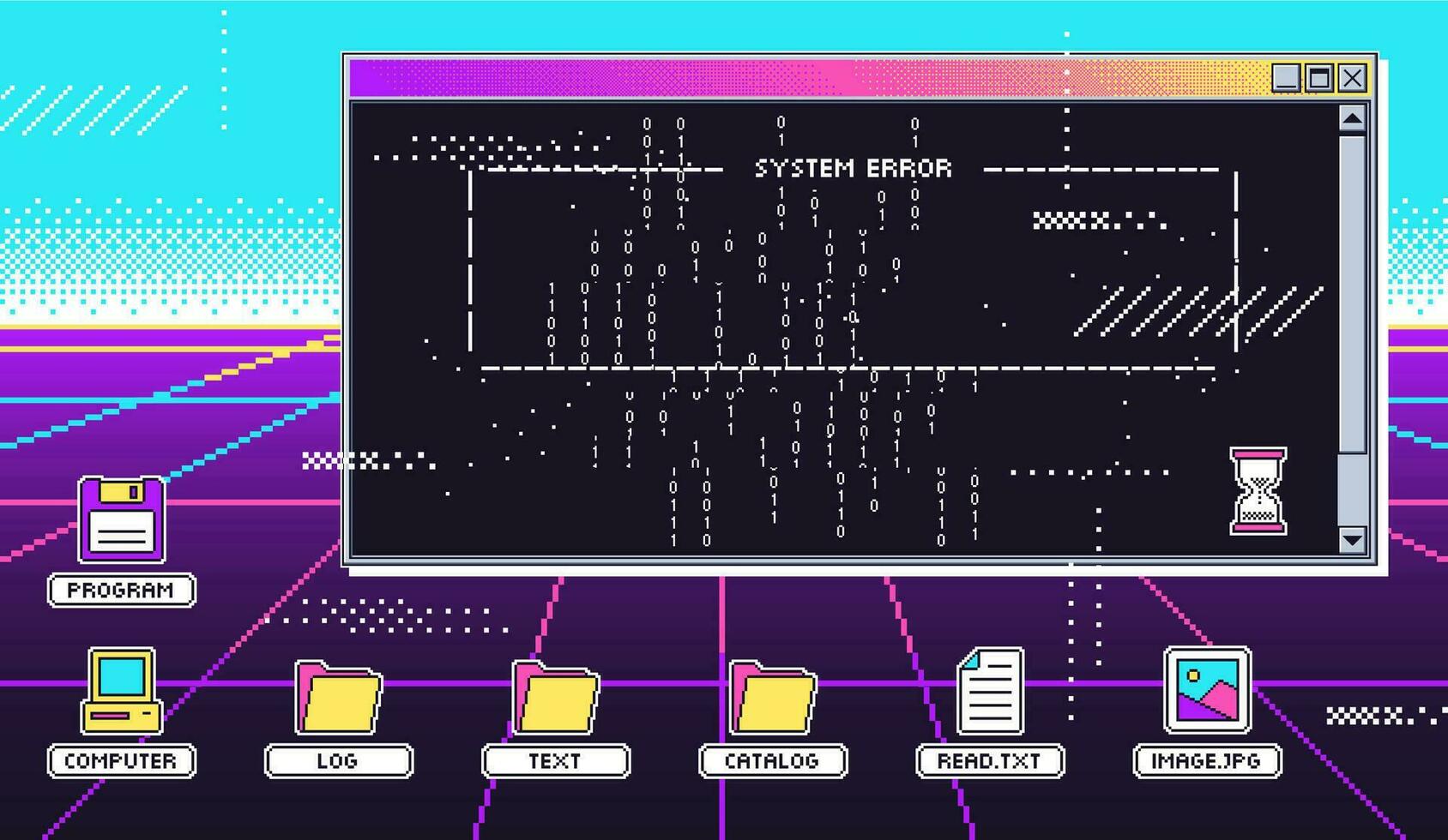 Vaporwave 80s interface screen. Retro terminal or old computer screen, virtual hack attack and program glitch system error vector illustration