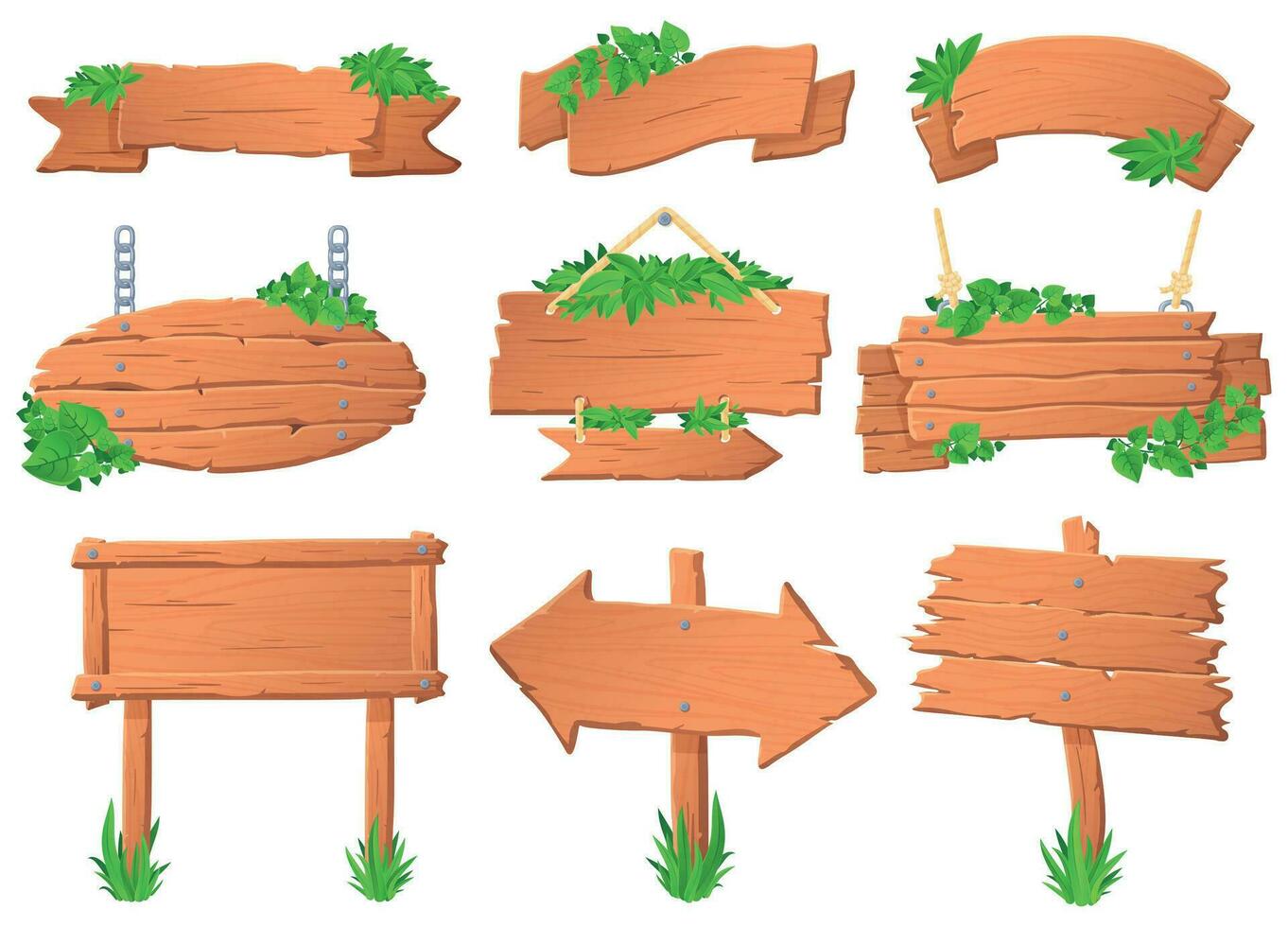 Wooden signboard with leaves. Tropical leafs on wood board, green label sign and jungle forest pointer boards vector set