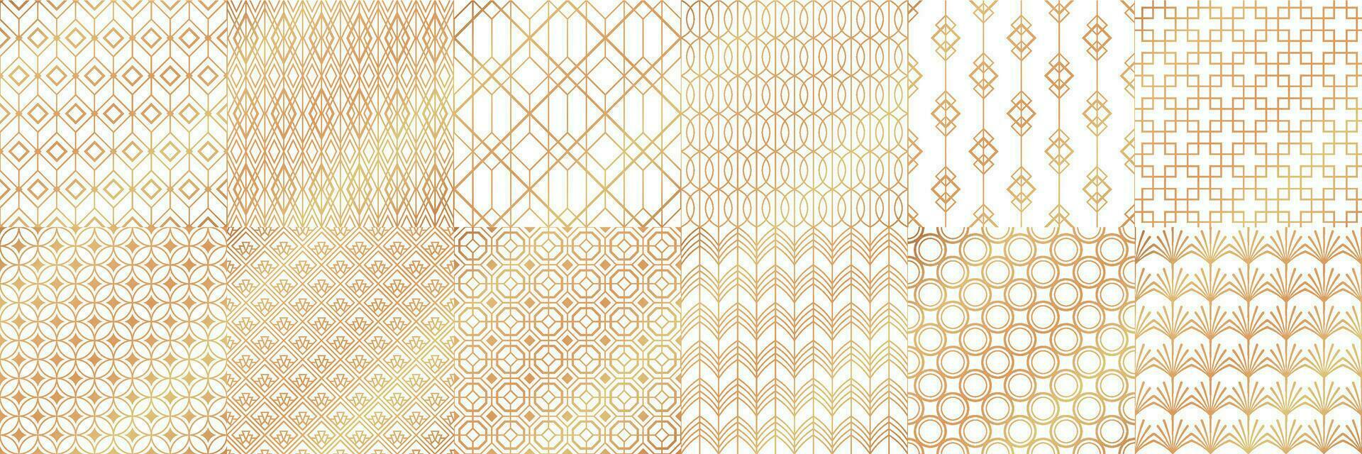 Golden art deco patterns. Decorative tiles, vintage white and gold seamless pattern and geometric stripes vector set