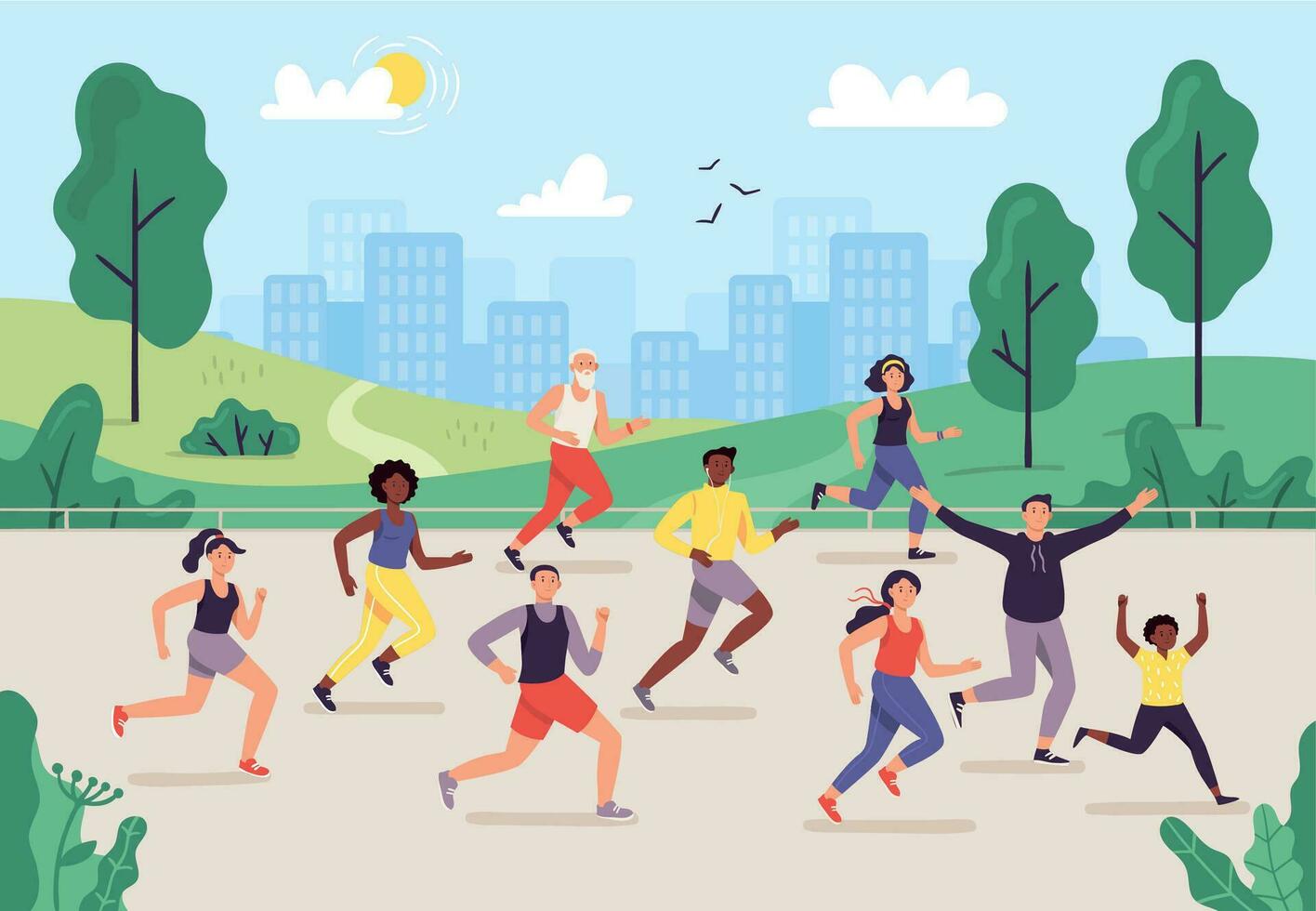 parque maratón. personas corriendo exterior, corredores grupo y deporte estilo de vida. trotar vector ilustración