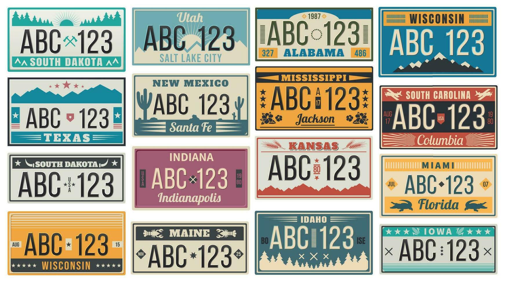 Car number license plate. Retro USA cars registration number signs, Texas, Wisconsin and Kansas license plates vector illustration set