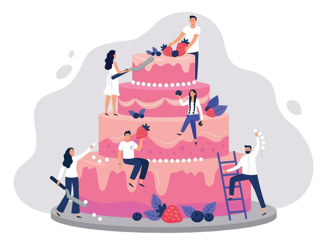 Wedding cake. Bakers decorate pink wedding cake, people cooking together and sweet dessert with berries vector illustration