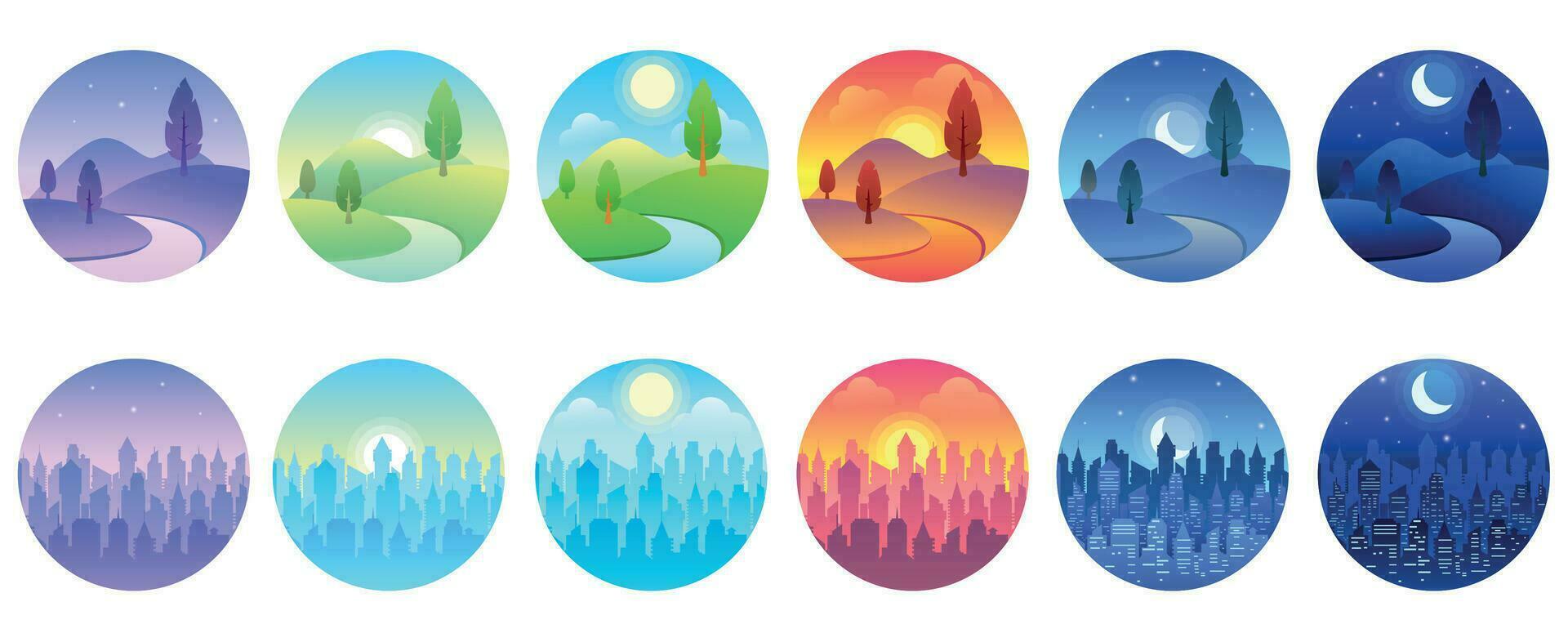 Day time landscape. Dawn, morning city, sunny day, evening sunset, twilight field, night cityscape round vector icon set