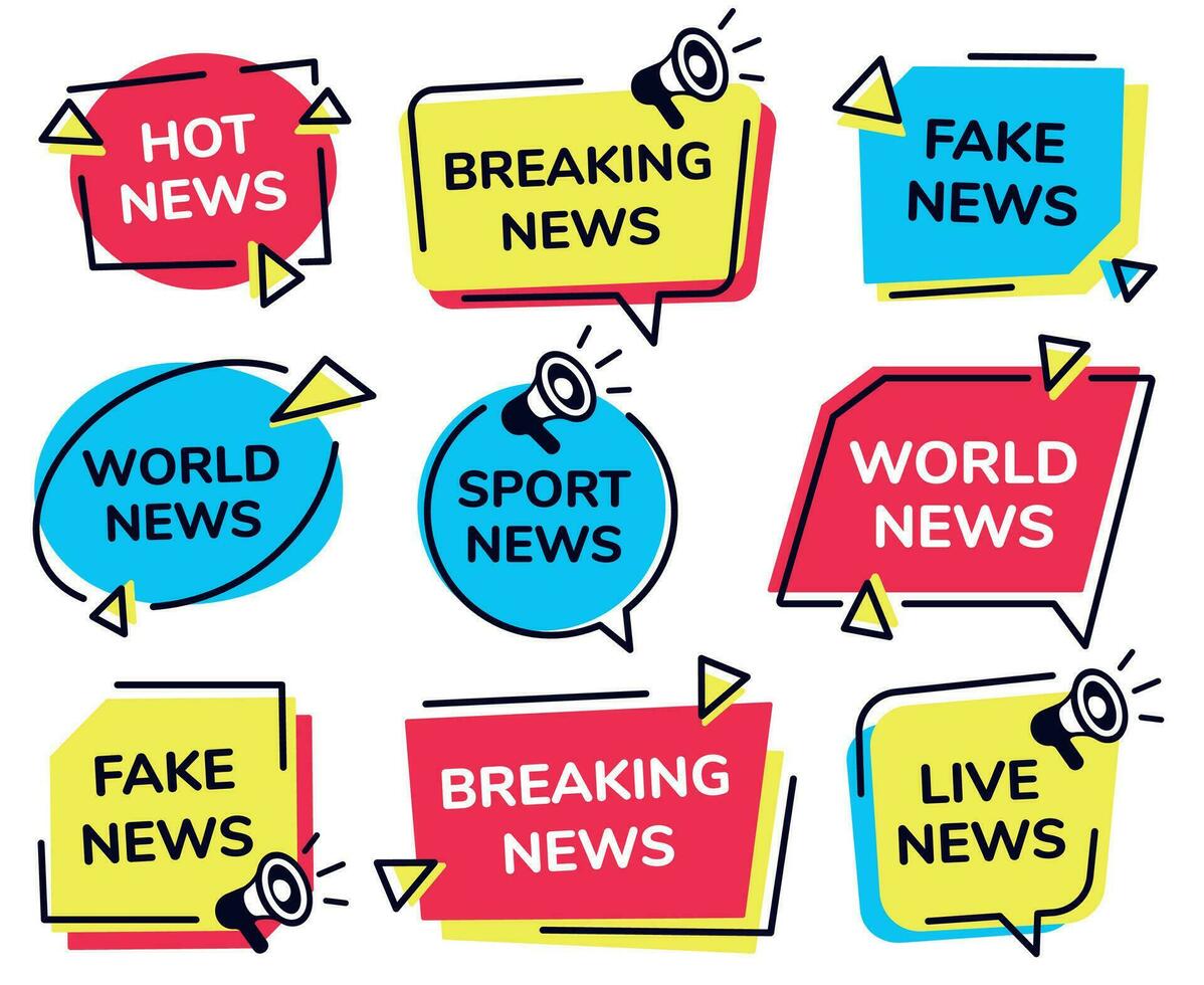 News label. Breaking, live sport and fake news badges vector set