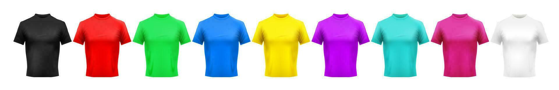 Realistic color t-shirt mockup. Red, green and blue men clothes. Yellow, purple and cyan colored shirt. Pink, black and white shirts template vector set