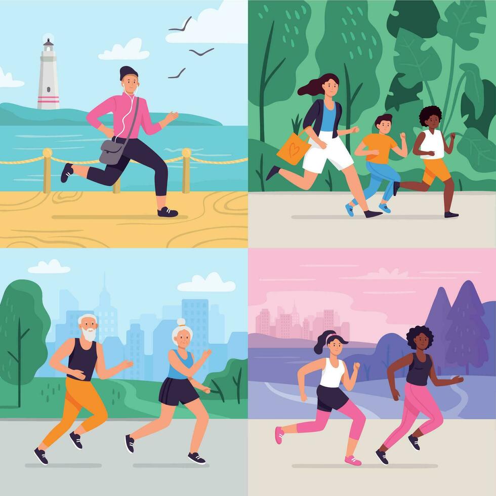 Cartoon running workout. Runner run outdoor at park fitness track, athlete on stadium, sportsman runners vector illustration set