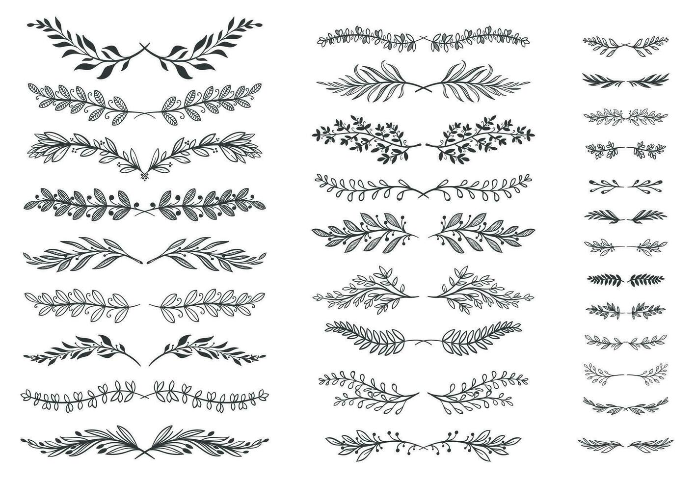 Floral ornament dividers. Ornamental leafs scroll decoration, decorative branch and hand drawn divider vector set