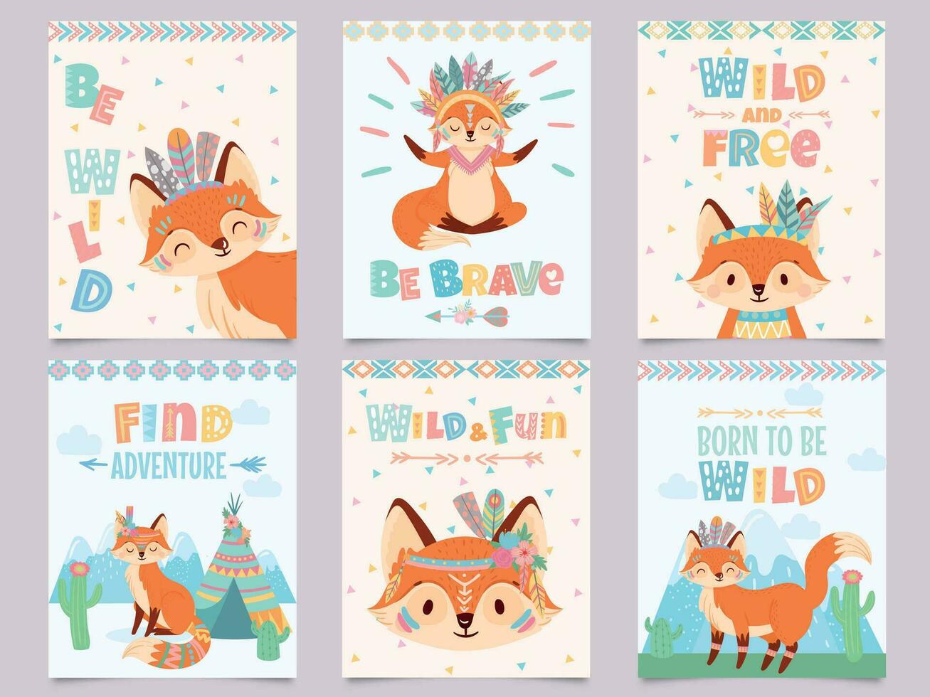 Wild tribal fox poster. Be brave, find adventure and free foxes with indian feathers and arrows cartoon posters vector illustration set