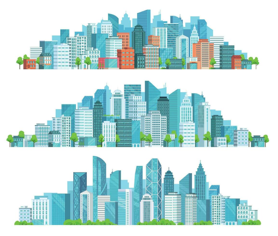 Isolated cityscape. City street, abstract urban and horizontal town landscape panorama cartoon vector illustration set