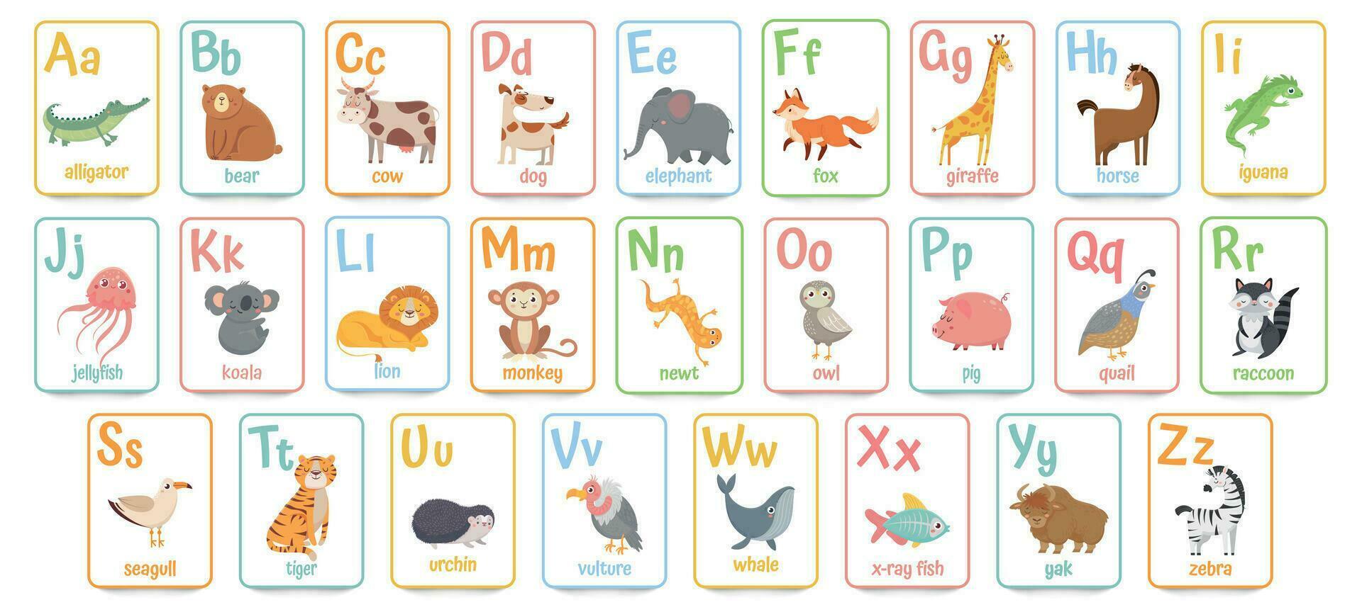 Alphabet cards for kids. Educational preschool learning ABC card with animal and letter cartoon vector illustration set