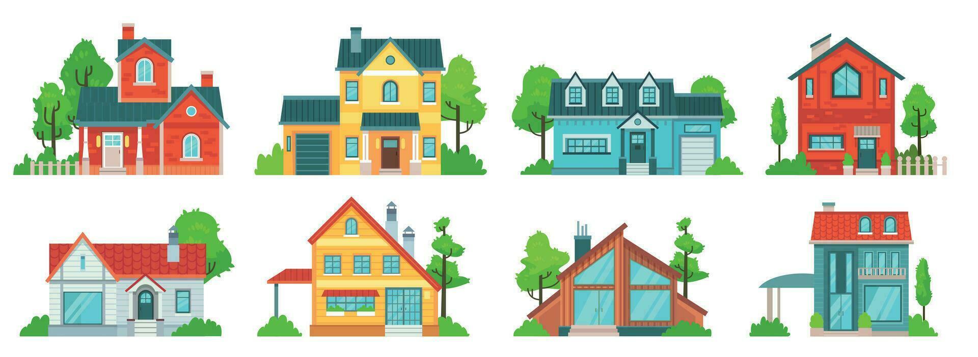 Suburban house. Real estate facades, holiday mansions and country houses with roof vector set