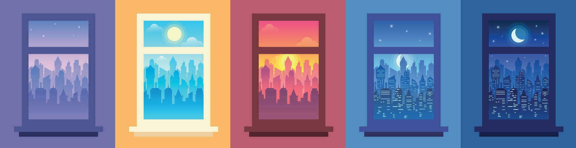 Daytime city landscape in window. Change of time of day, night city view from window and cityscape in frame vector illustration set