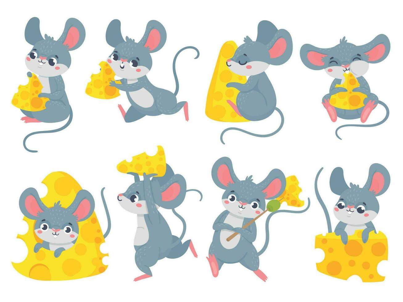 Cartoon mouse with cheese. Cute little mouses, funny mouse mascot and mice steal cheese vector set