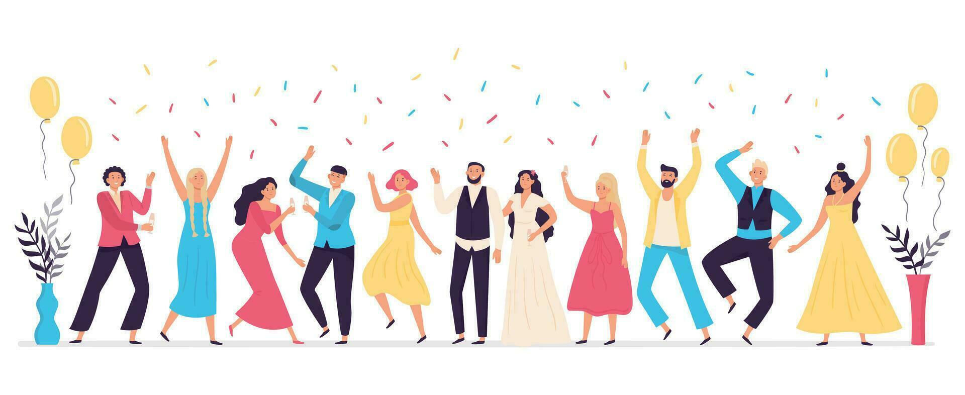 People dancing at wedding. Romance newlywed dance, traditional wedding celebration celebrating with friends and family vector illustration