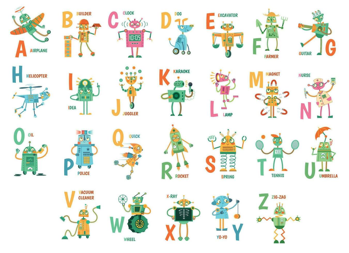 Cartoon robots alphabet. Funny robot characters, ABC letters for kids and education poster with robotic friend mascots vector illustration set