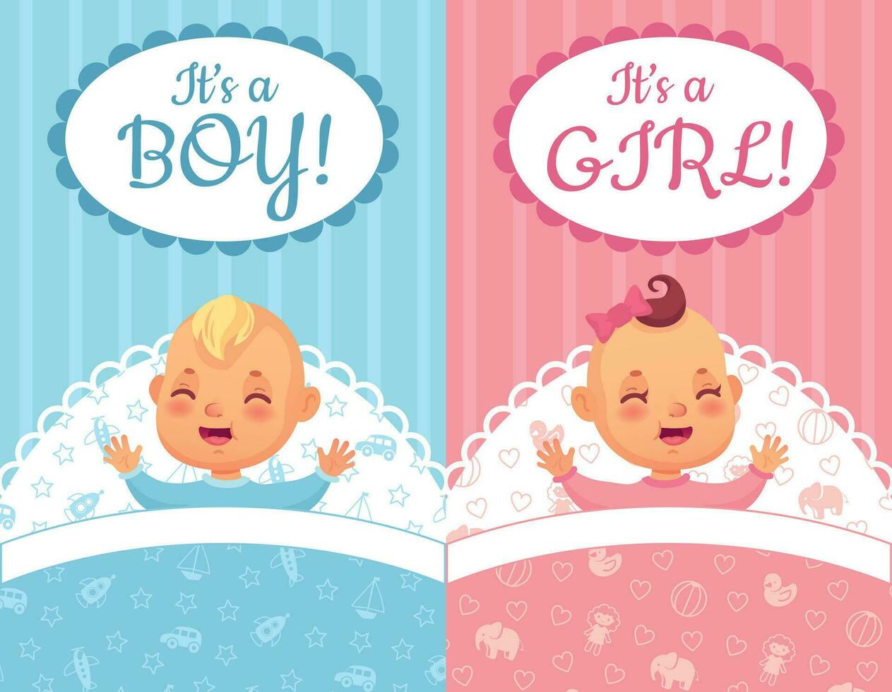 Baby shower cards. Its a Boy and Girl label, cute baby cartoon vector illustration set