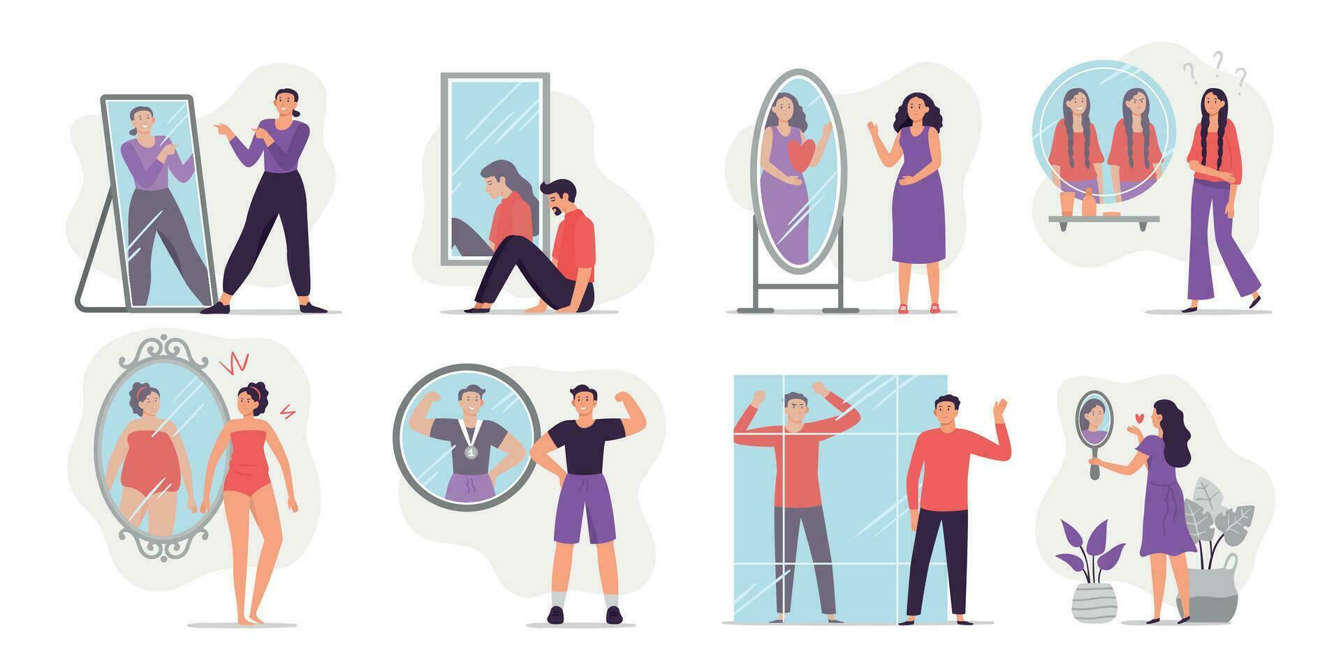 People looking at mirror reflection. Self-assessment and personal appearance vector illustration