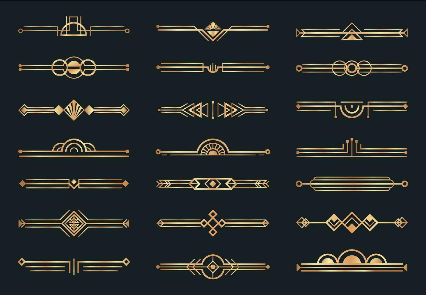 Golden art deco dividers. Decorative geometric border, retro gold dividers and luxury 1920s decoration elements vector set