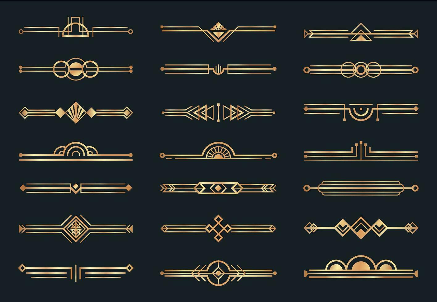 dorado Arte deco divisores decorativo geométrico borde, retro oro divisores y lujo 1920 decoración elementos vector conjunto