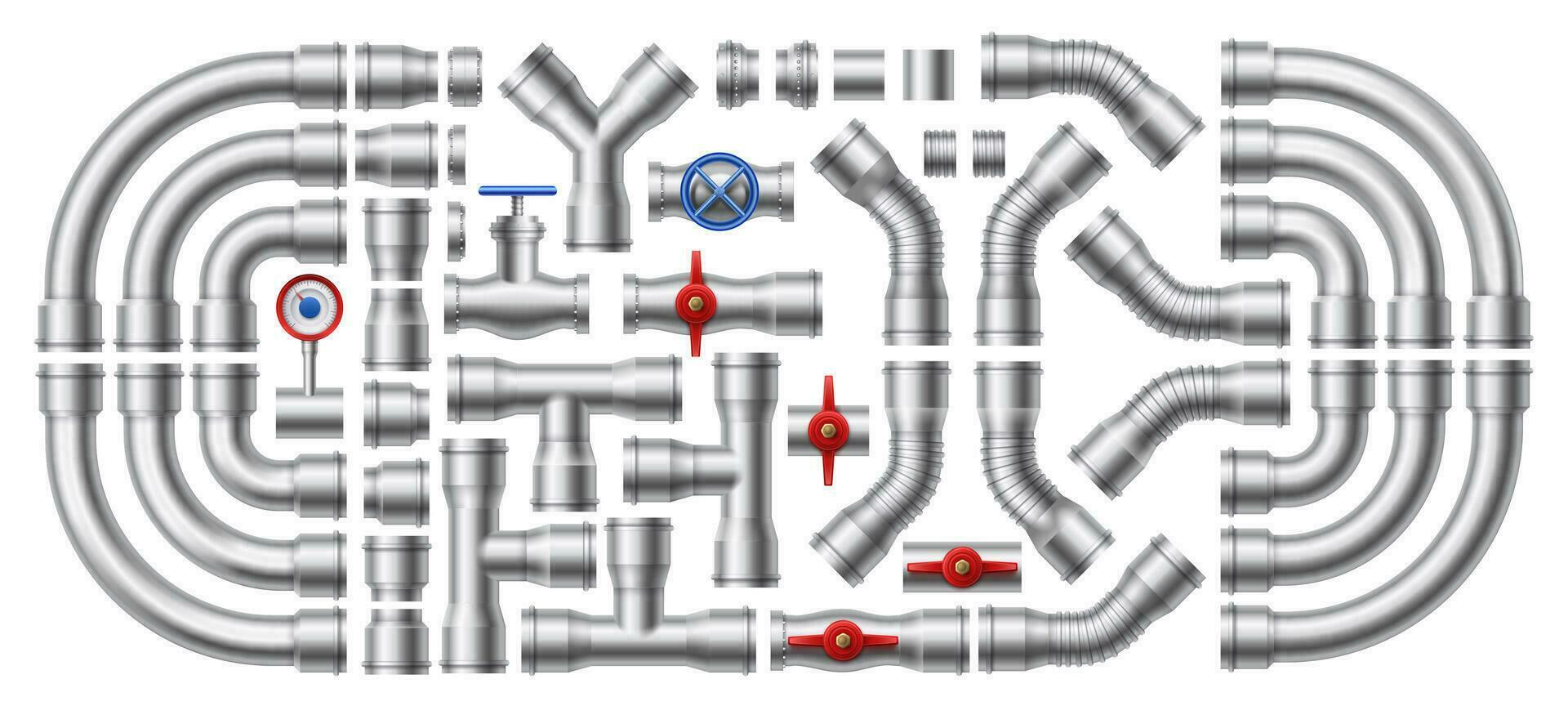 Metal pipeline. Steel pipes, pipe connectors and industrial valves vector illustration set