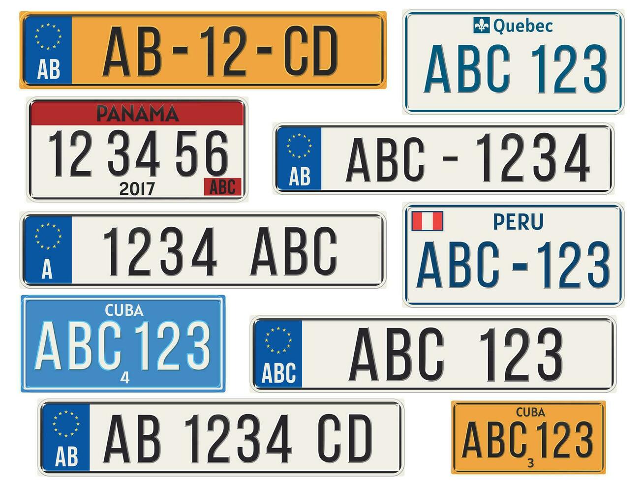 Car license plate. EU countries car number plates. Cuba, Panama, Peru and Quebec registration numbers template vector illustration set