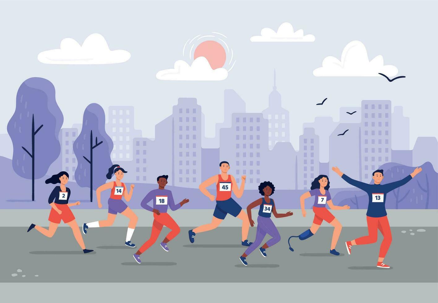 City marathon. People running together, athletic training and sport marathons runners vector illustration