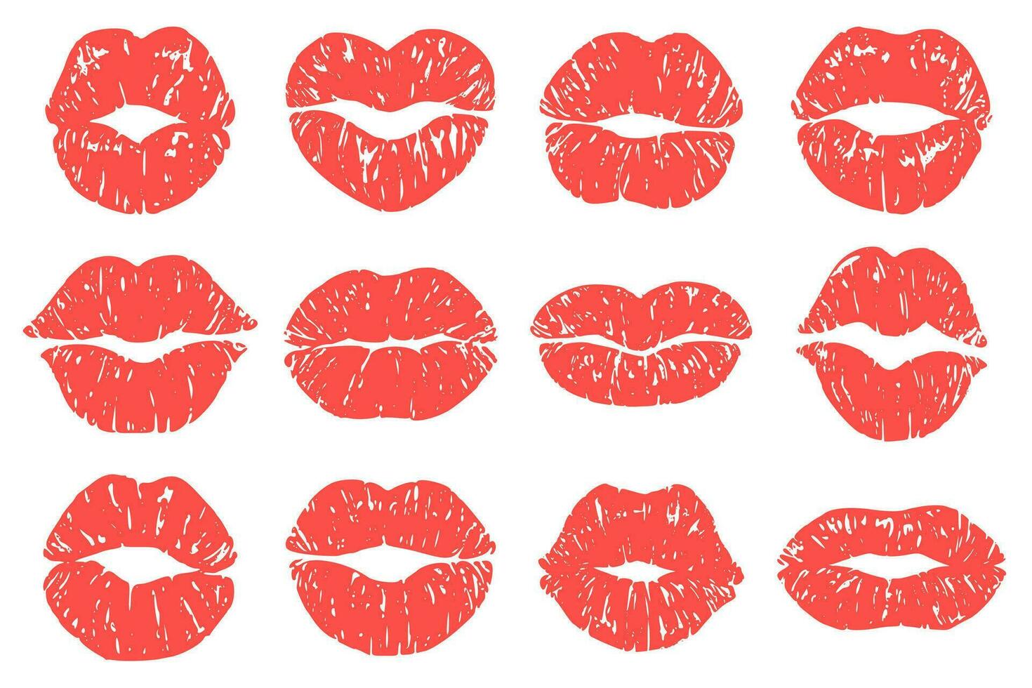 Beso impresión. mujer labios, Moda lápiz labial huellas dactilares y amor labios Besos vector ilustración conjunto