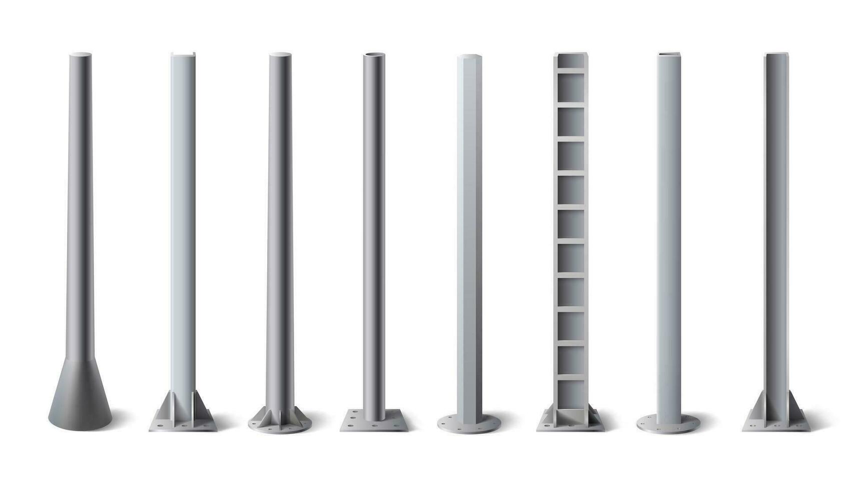 Metal poles. Steel construction pole, aluminum pipes and metal column vector illustration set