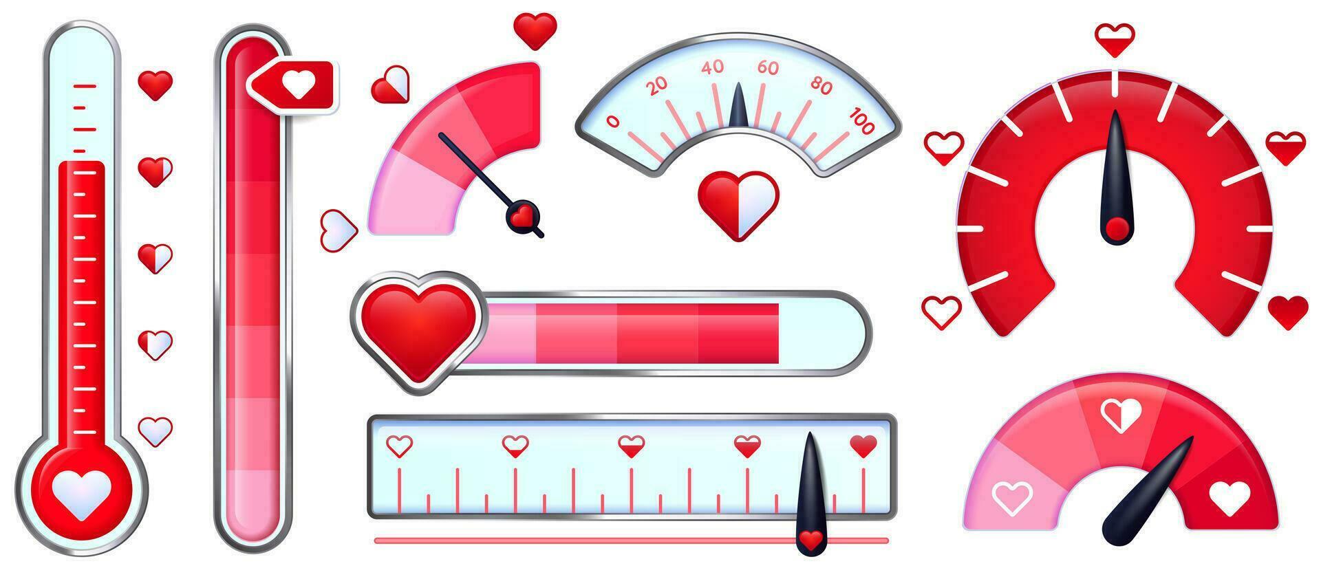 Love meter. Valentines Day card, love indicator with red hearts and love thermometer. Red heart meters vector set